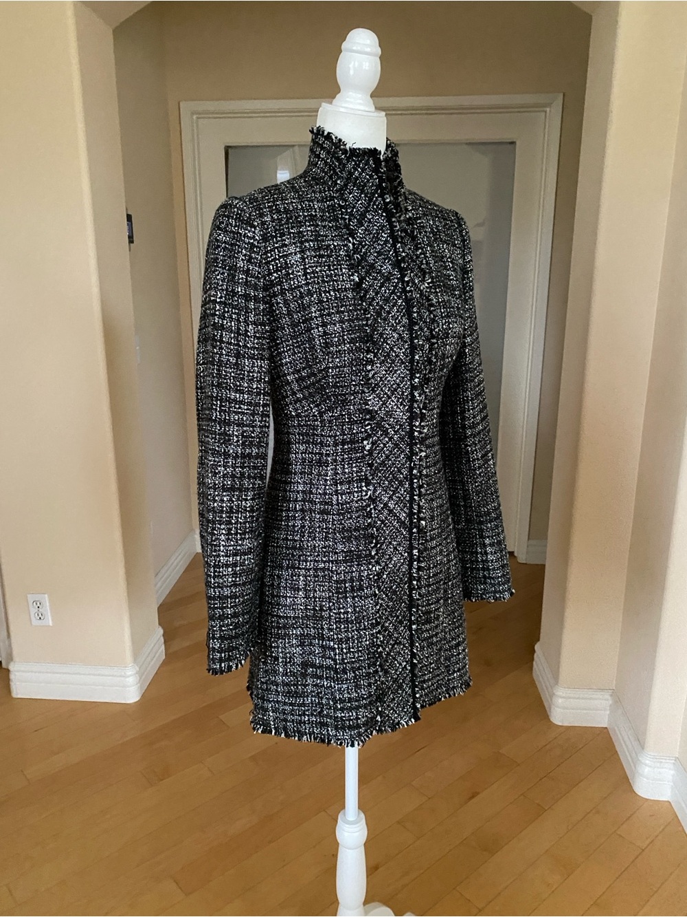 White House Black Market Black, Silver and White Tweed Fringe-Edge Coat - Picture 2 of 8